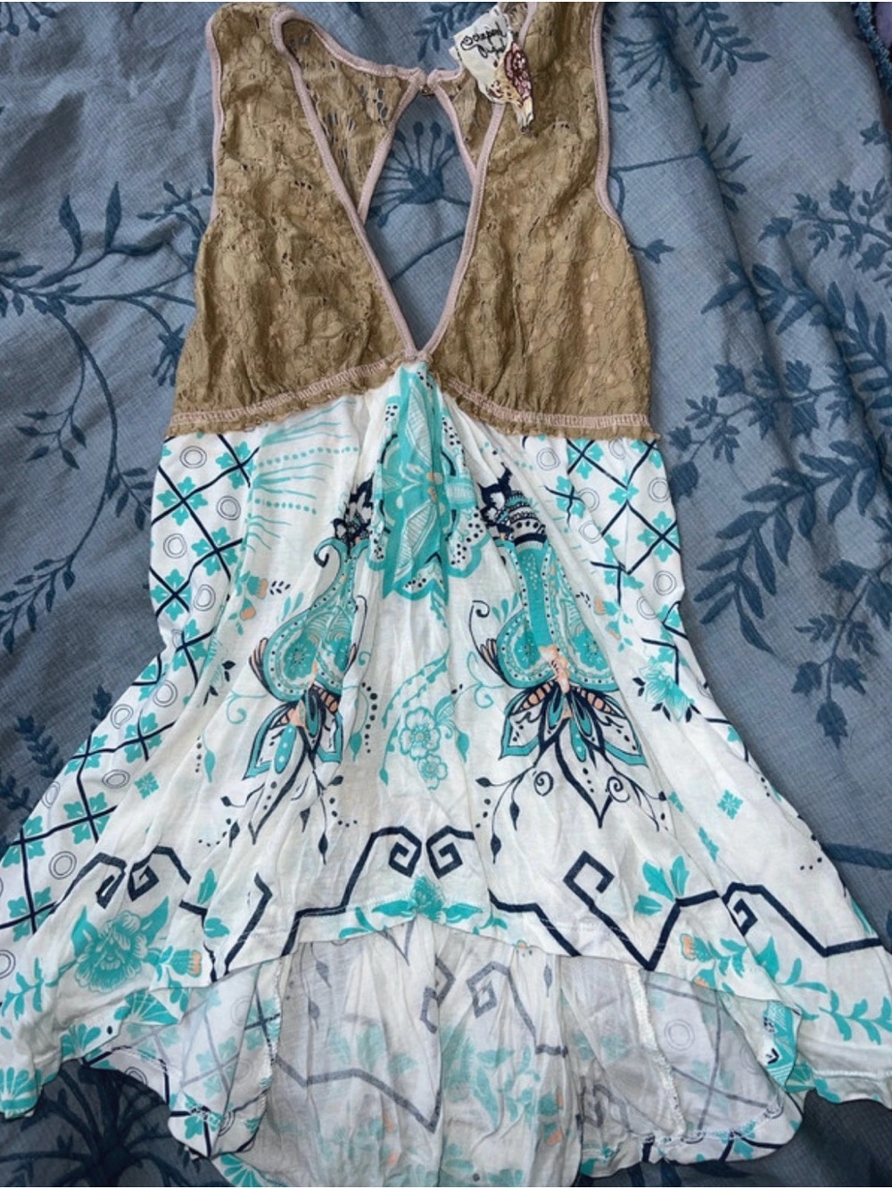 Y2K Boho Lace-Trim Tank in Teal and Cream